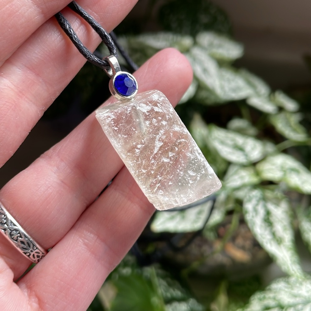 Optical calcite chunky pendant with blue gem crystal necklace pendant stone